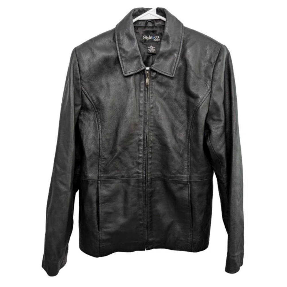 Style & Co. Petite Genuine Black Leather Jacket sz M